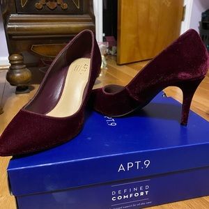 Burgundy velvet pointy toe heels